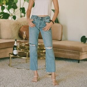 Boyish Jeans Tommy Light Wash Ripped Knees Raw Hem Straight Leg Womens Size 24